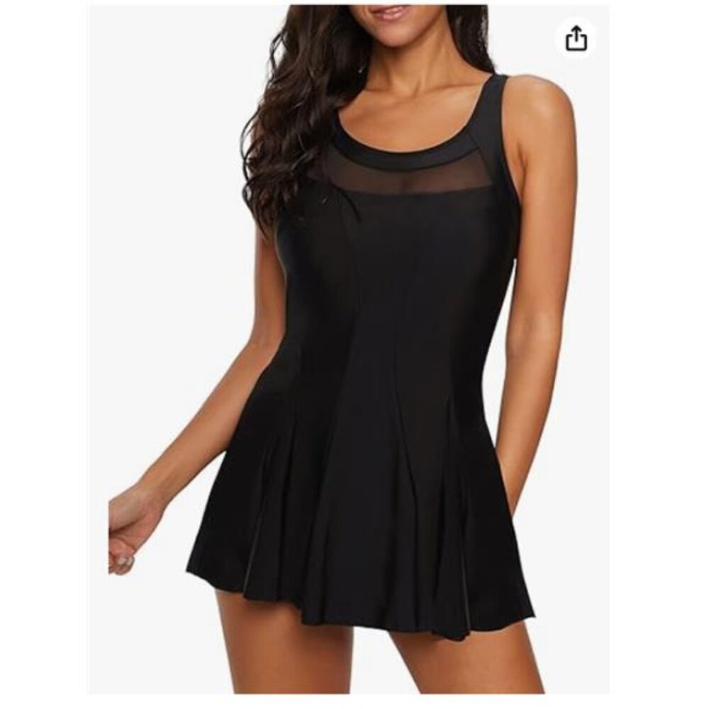 NEW Black Mesh Cut Out One Piece Swim Dress Women's M